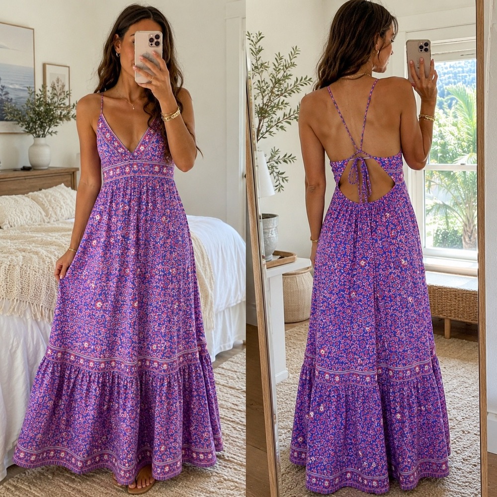 Vineyard Vines Size S Purple Pink Floral Open Back Maxi Dress Boho Resort Cotton